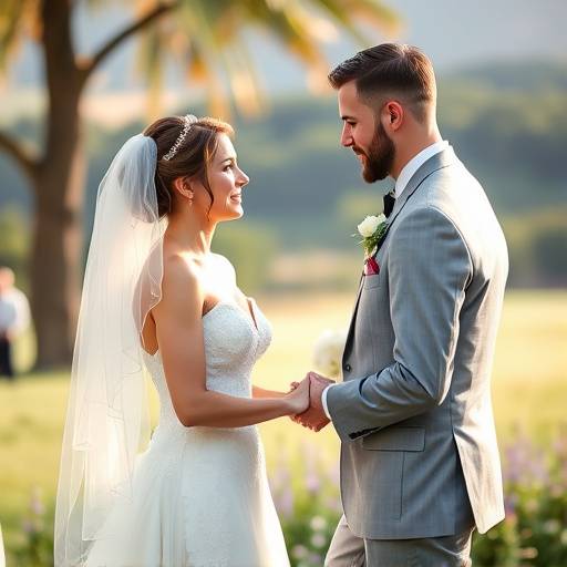 A beautifully captured wedding moment, showcasing the bride and groom exchanging vows in a scenic outdoor setting.
